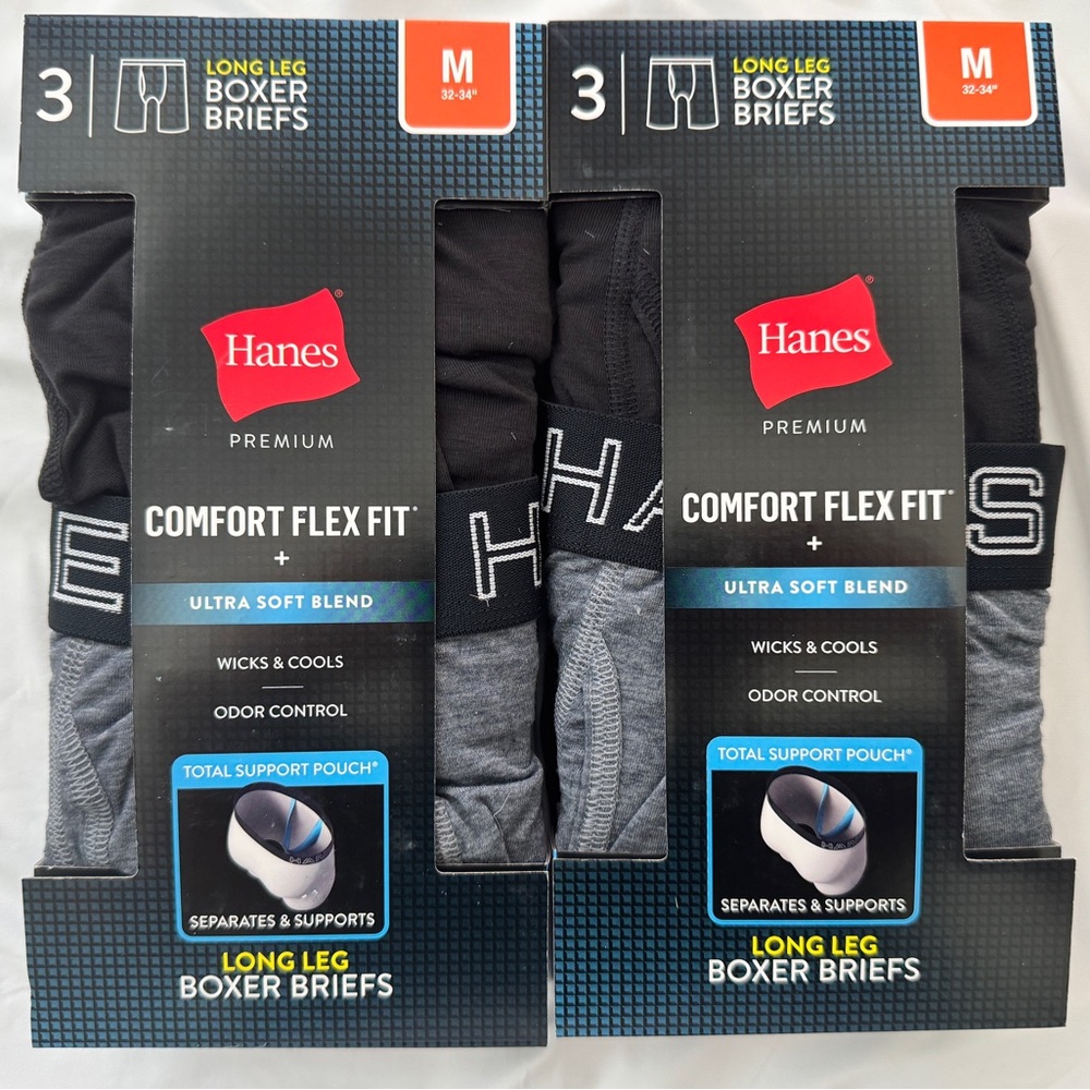 2x-3 Pack Hanes Black and Gray Boxer Briefs Long Leg Comfort Flex Fit - Medium